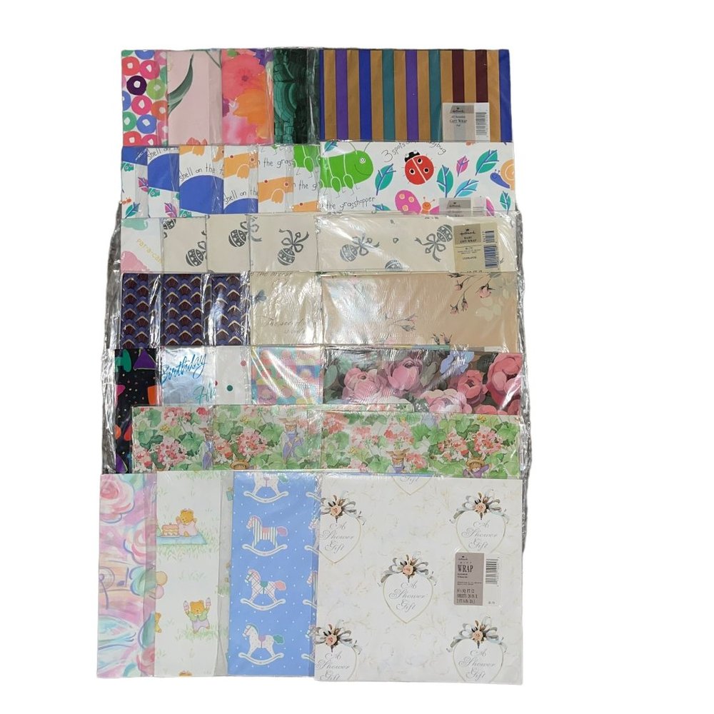 Vintage New Hallmark Gift Wrap Lot 36 Baby Birthday Spring Easter Flat Wrap